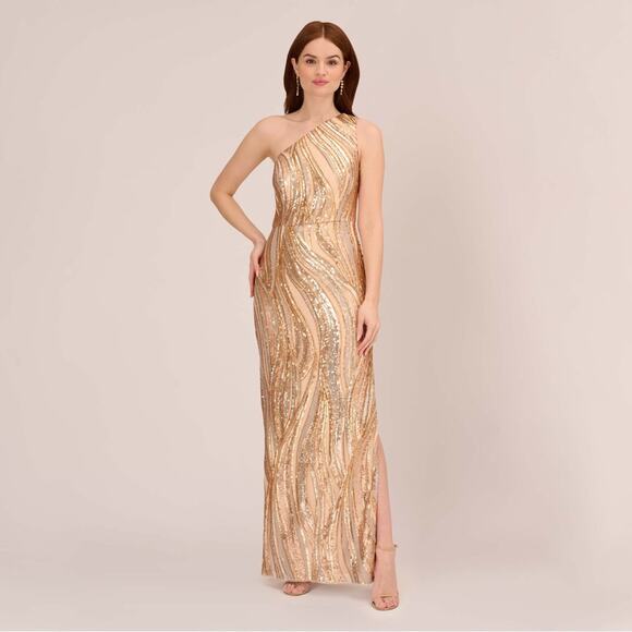 Adrianna Papell Gold One shoulder Sequins Column Formal Gown NEW 2 - Picture 3 of 12